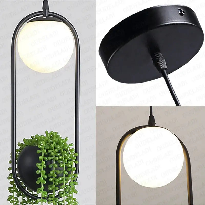 Modern black flower pot pendant light with frosted glass bulb and integrated planter for dining room decorbites decor