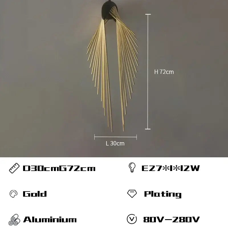 Gold-plated aluminum wall sconce with sunburst design complementing modern black flying wing shape pendant lights