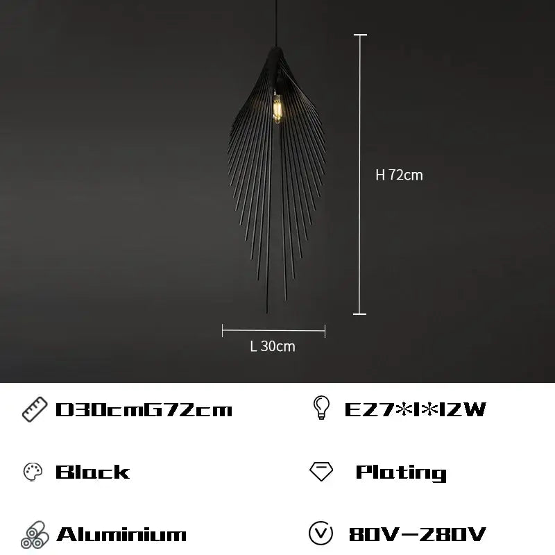 Modern black aluminum pendant light with flying wing shape and exposed bulb for living room lighting