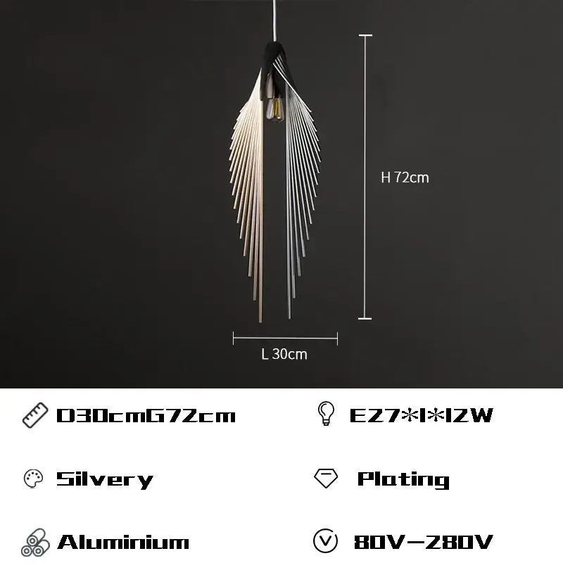 Silver-plated aluminum pendant light with flying wing shape in black for modern living room, 72cm high and 30cm wide