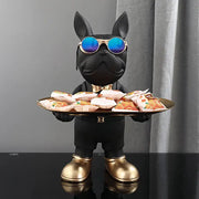 Modern black french bulldog sculpture by decorbites featuring blue mirrored sunglasses gold boots and a golden snack tray