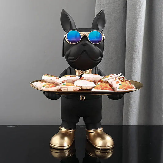Modern black french bulldog sculpture by decorbites featuring blue mirrored sunglasses gold boots and a golden snack tray