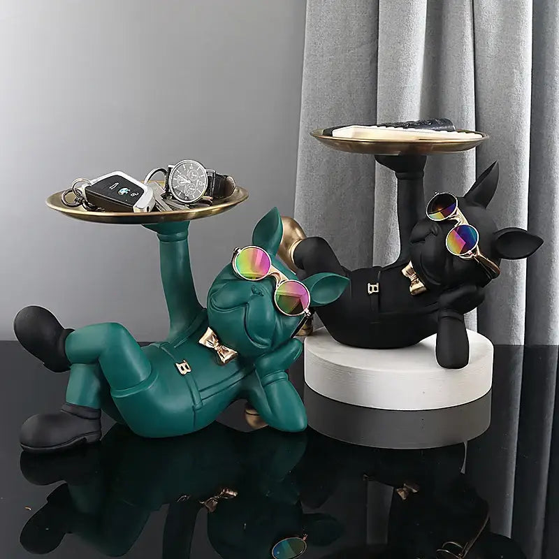 Modern black french bulldog sculpture and teal decorbites french bulldog figurines wearing sunglasses holding key trays
