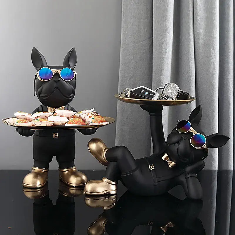 Modern black french bulldog sculpture by decorbites wearing sunglasses and gold boots holding a snack tray key tray ornament