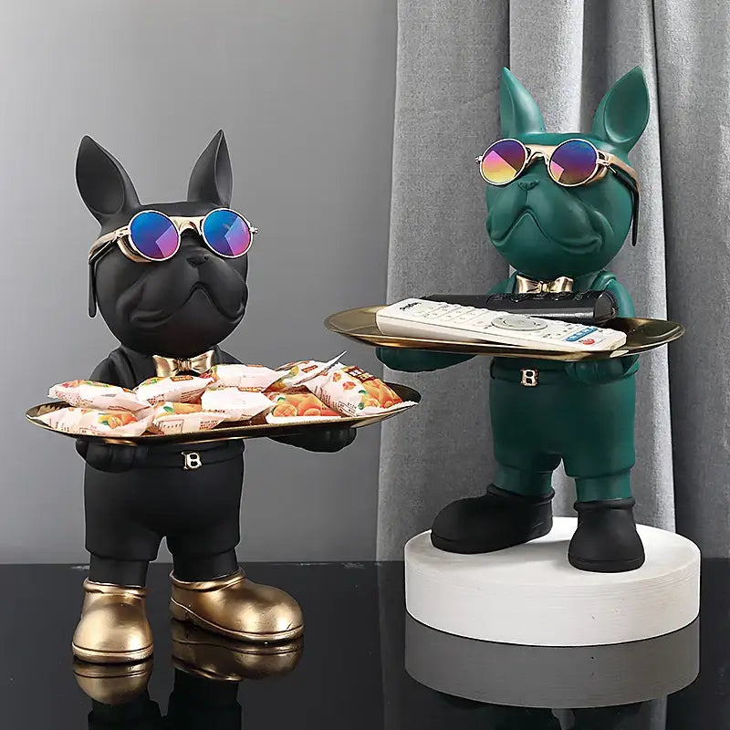 Modern black french bulldog sculpture living room key tray featuring two decorbites french bulldog figurines in sunglasses and formal attire