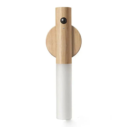 Minimalist wooden and white cylindrical wall-mounted night light with circular wood accent for decorbites bodysense led use