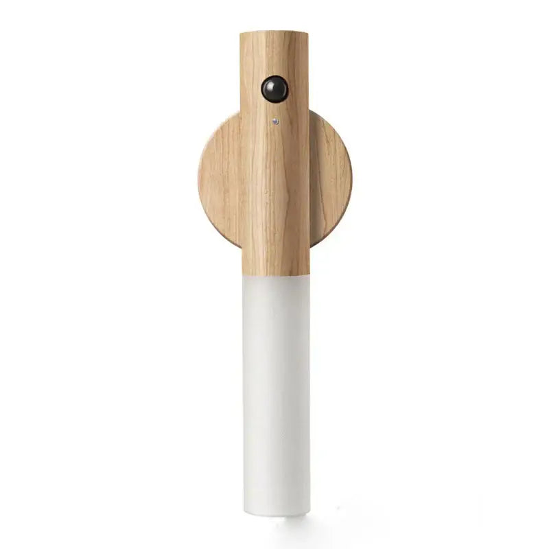 Minimalist wooden and white cylindrical wall-mounted night light with circular wood accent for decorbites bodysense led use