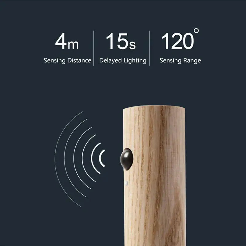 A sleek cylindrical wooden decorbites bodysense led night light with a matte black button for modern wall sconce use