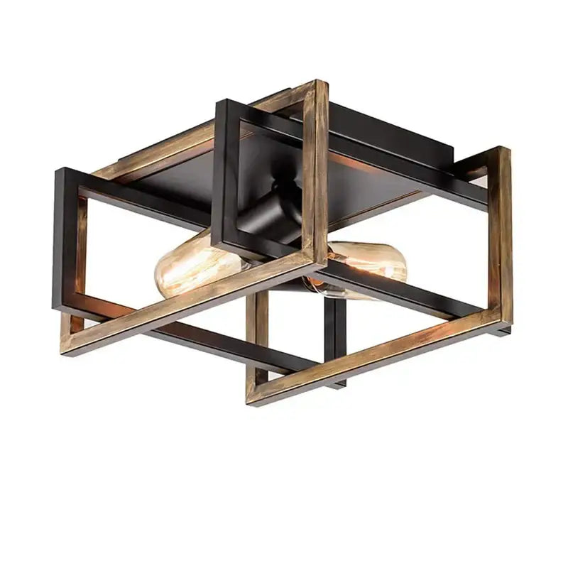 Modern black geometric ceiling chandelier with dark matte black metal and rustic wood housing two edison bulbs decorbites black modern