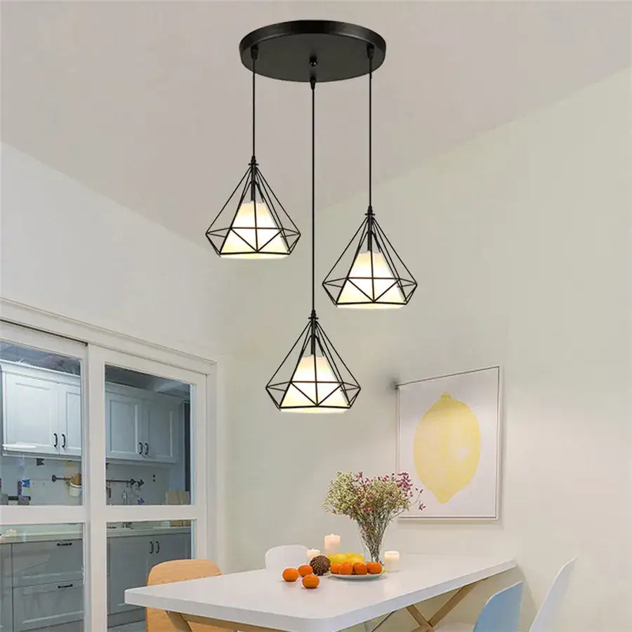Modern black geometric diamond pendant lights trio with cage-like design hanging for kitchen lighting