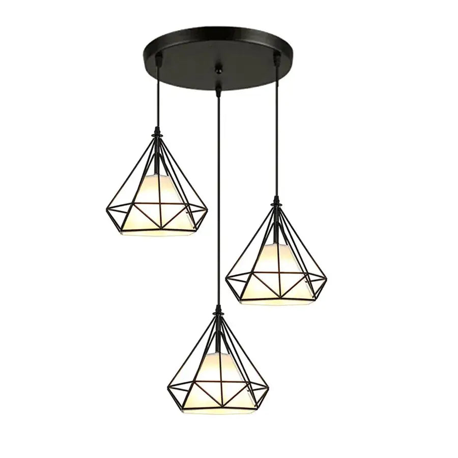 Modern black geometric diamond pendant lights trio with frosted glass shades for kitchen use