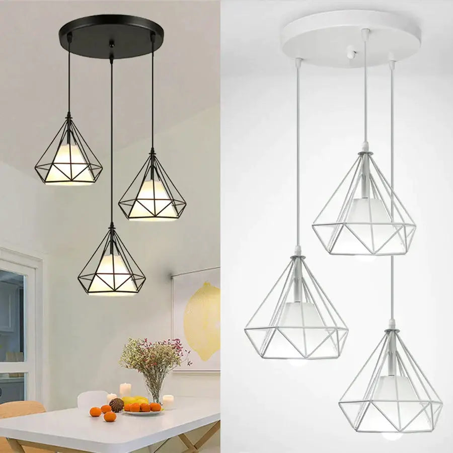 Modern black geometric diamond pendant lights trio with metal frames and frosted glass shades for kitchen lighting