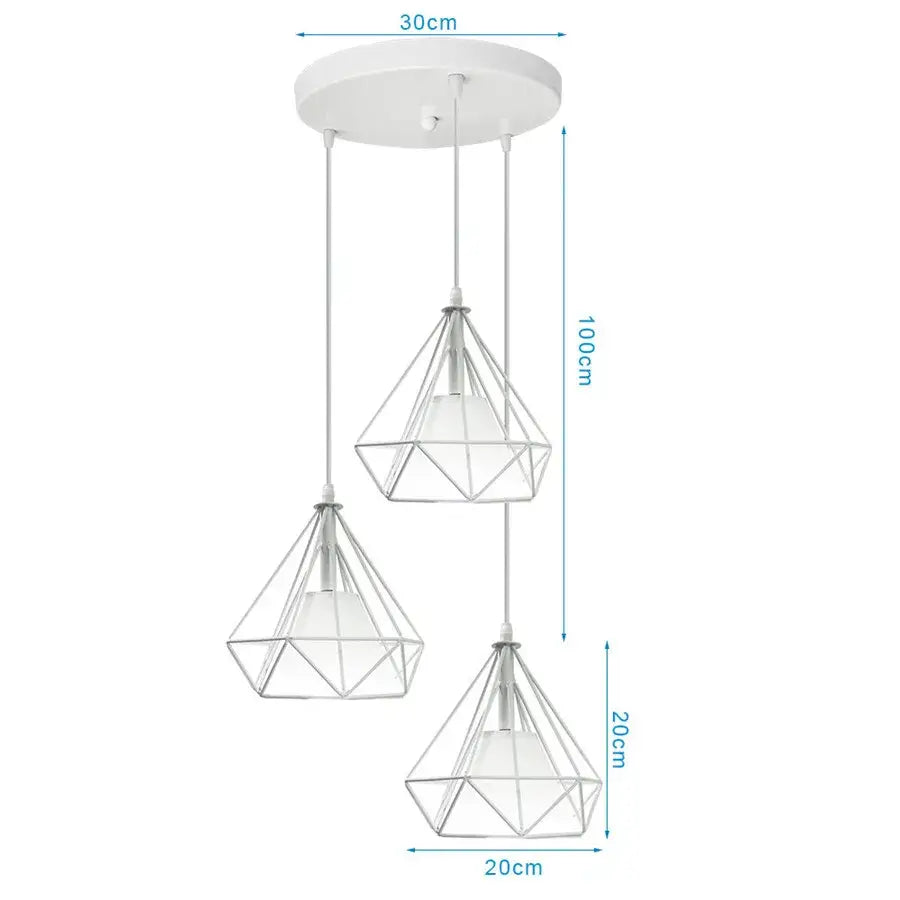 Modern white geometric pendant lights trio with three diamond-shaped shades for kitchen lighting