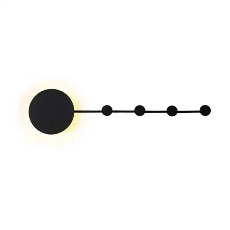 Modern black geometric iron wall lamp with glowing circular light and five spherical accents for living room decorbites geometric iron wall sconce