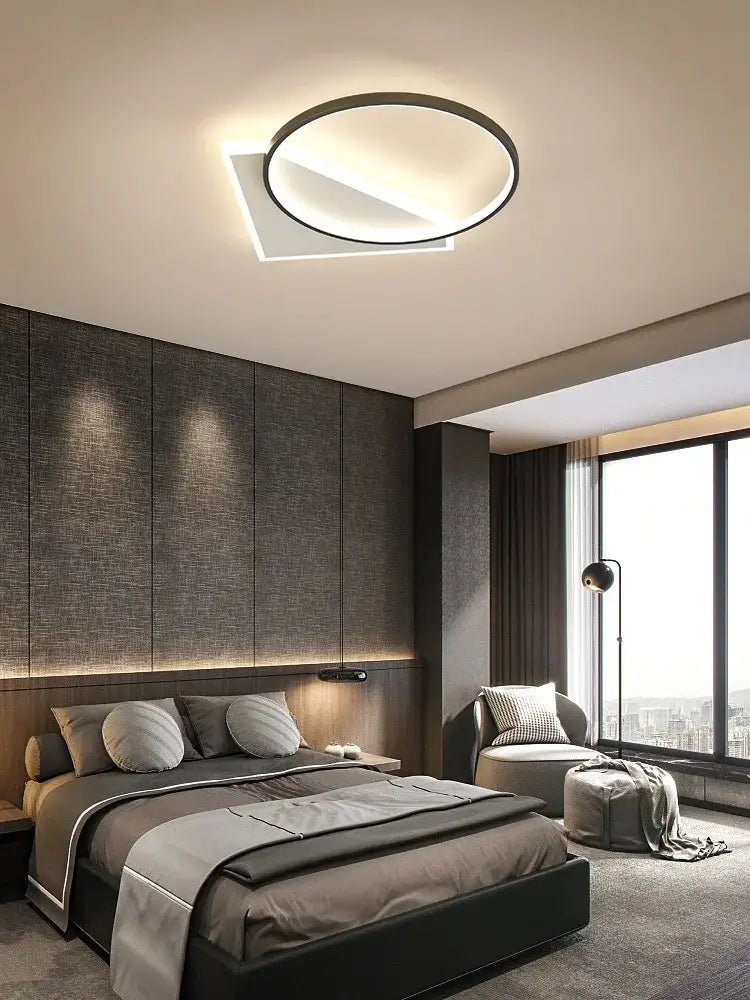 Modern black geometric led ceiling lamp with a sleek circular frame and soft white illumination for bedroom decorbites ceiling lamp