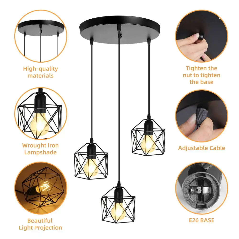 Modern black geometric led ceiling lamp with wrought iron cage lampshades and adjustable cables for kitchen decorbites led ceiling