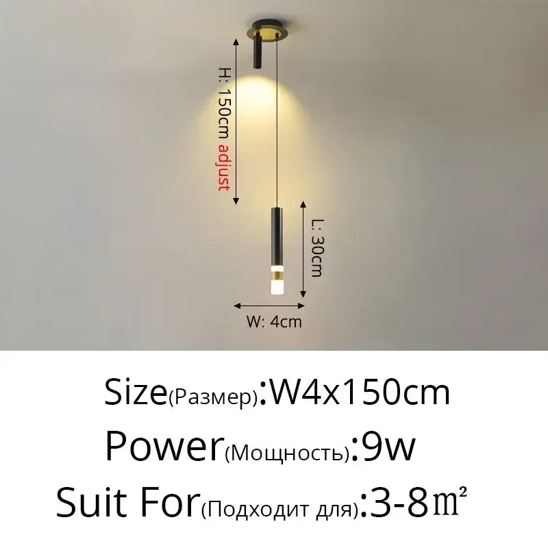 Modern black geometric led pendant light with sleek cylindrical body and gold accents, adjustable height 150cm for living room decorbites pendant lights