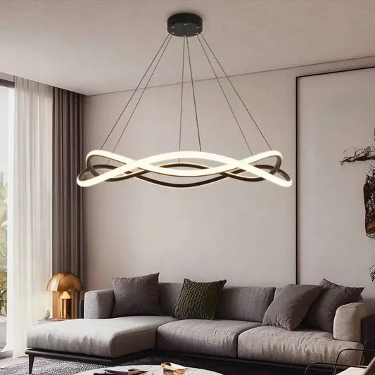 Modern black geometric led ring chandelier with sleek white and black illuminated bands for dining room decorbites black geometric lighting
