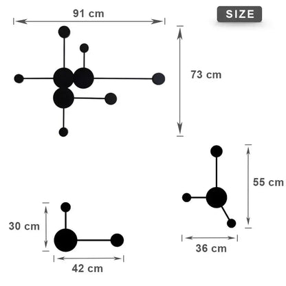 Modern black geometric led wall lamp with molecular structure design and labeled dimensions for minimalist bedroom sconce