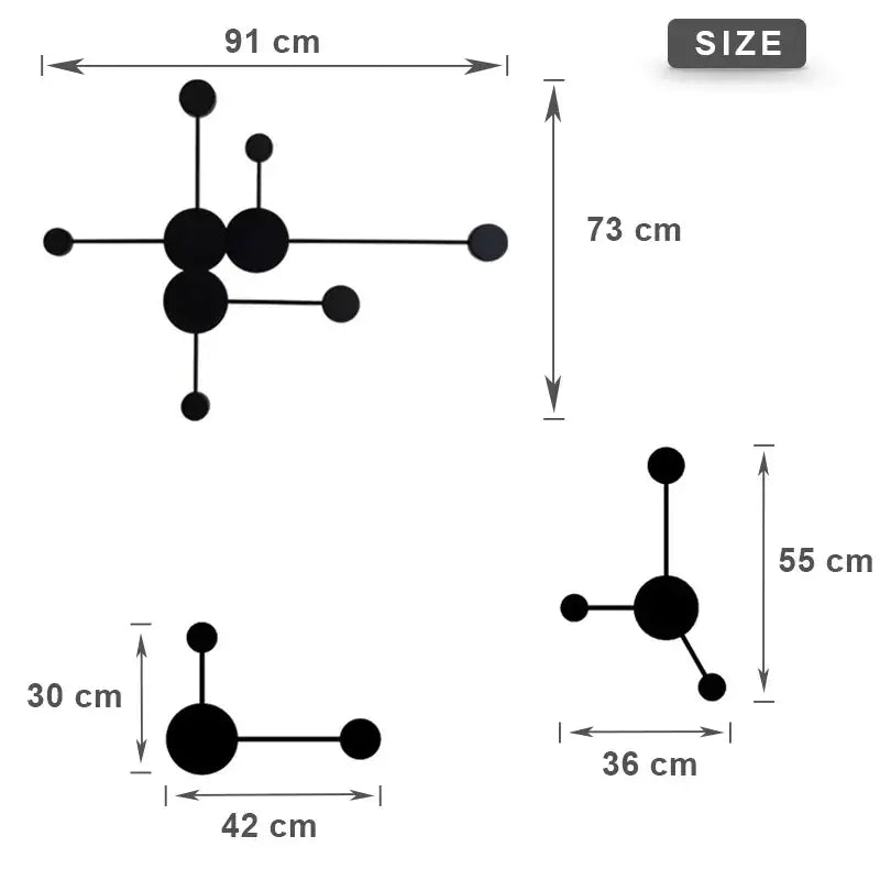 Modern black geometric led wall lamp with molecular structure design and labeled dimensions for minimalist bedroom sconce