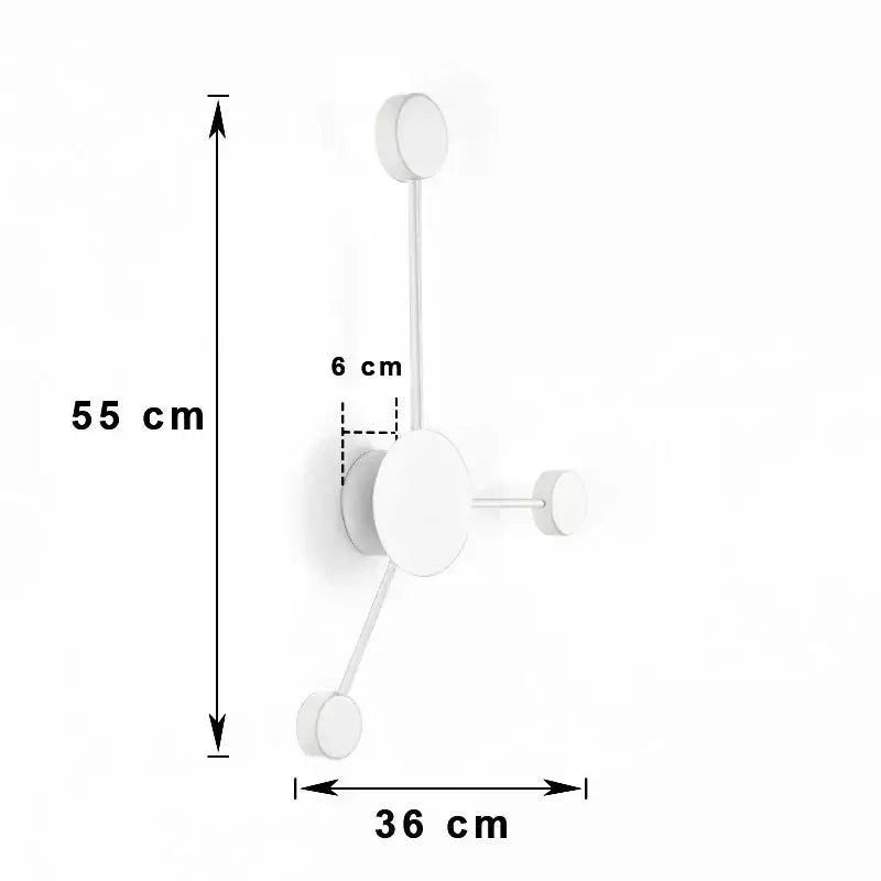 White minimalist led wall lamp with circular base and four arms each ending in a spherical bulb for bedroom use