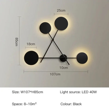 Modern black geometric led wall lamp featuring four circular led light fixtures for stylish living room wall lighting