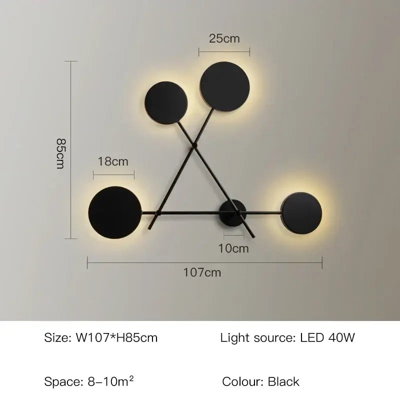 Modern black geometric led wall lamp featuring four circular led light fixtures for stylish living room wall lighting