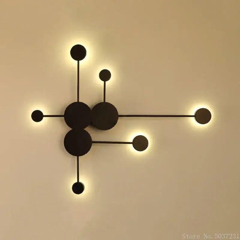Modern black geometric led wall lamp with circular fixtures in a molecular design for living room sconce decorbites geometric led wall lamp