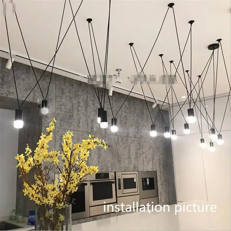 Modern black geometric led wire pendant light with slender cords and cylindrical shades for office decorbites lighting