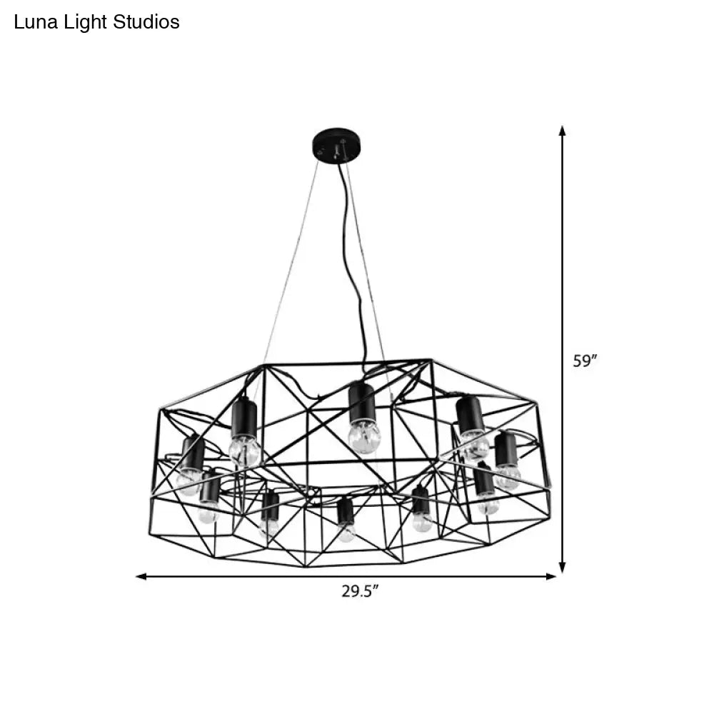 Modern Black Geometric Pendant Chandelier - Clear Glass, 10-Light Farmhouse Lighting for Living Room