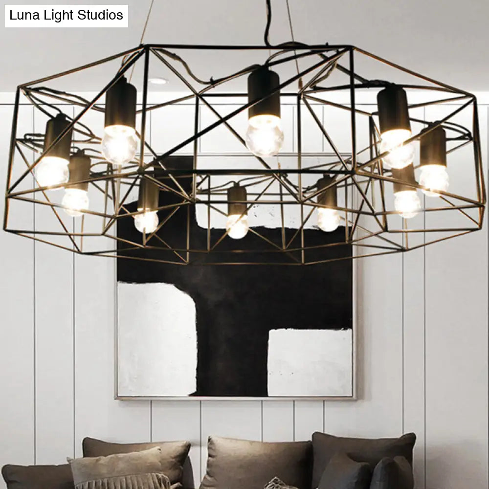 Modern Black Geometric Pendant Chandelier - Clear Glass, 10-Light Farmhouse Lighting for Living Room