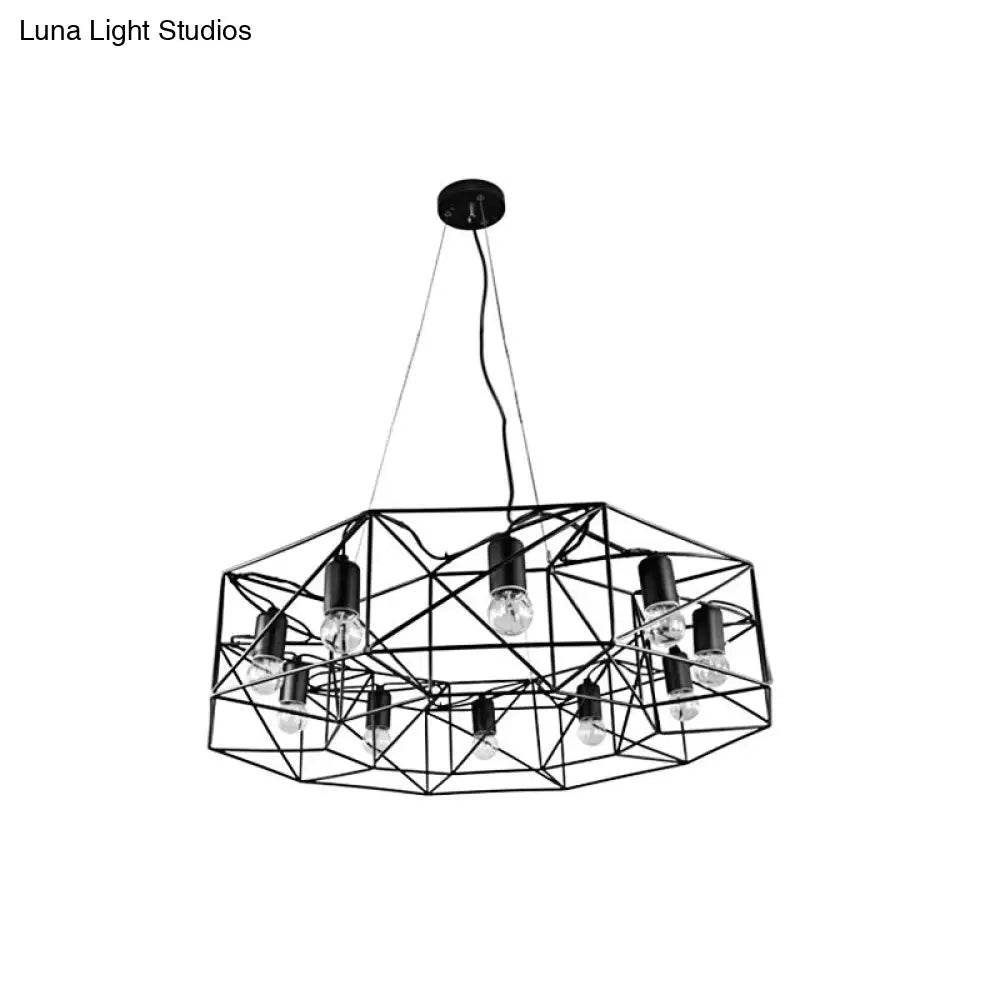 Modern Black Geometric Pendant Chandelier - Clear Glass, 10-Light Farmhouse Lighting for Living Room