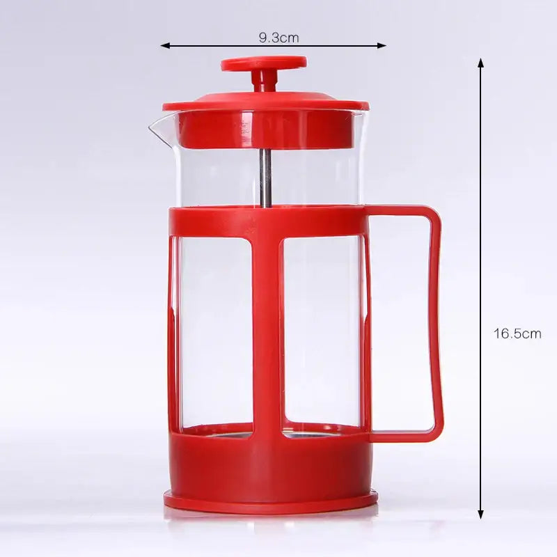 Modern black glass 350ml plastic coffee french press with red plastic frame metal plunger and lid for kitchen use