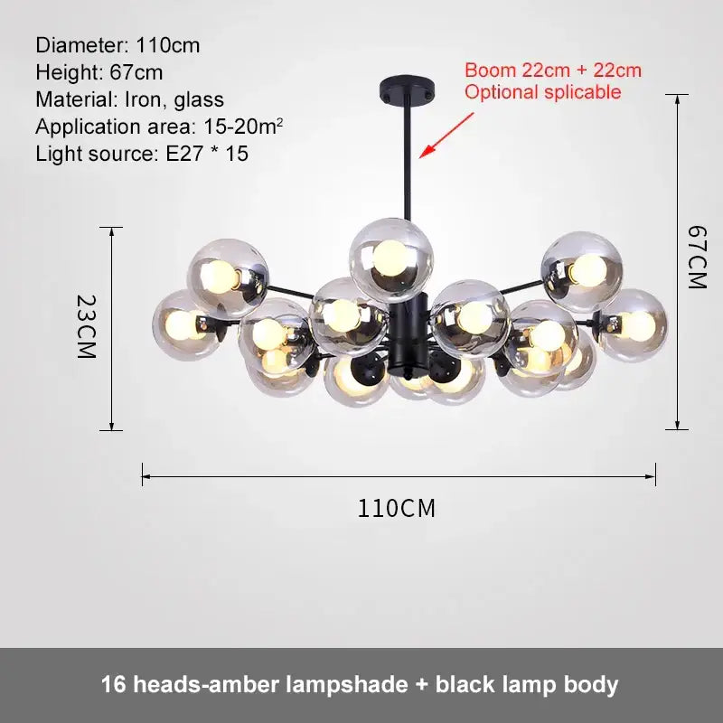 Modern black iron ball led chandelier with 16 amber glass globe lampshades perfect for dining room decorbites glass ball