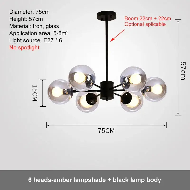 Modern black glass ball led chandelier with six amber glass lampshades for dining room decorbites glass ball pendant light