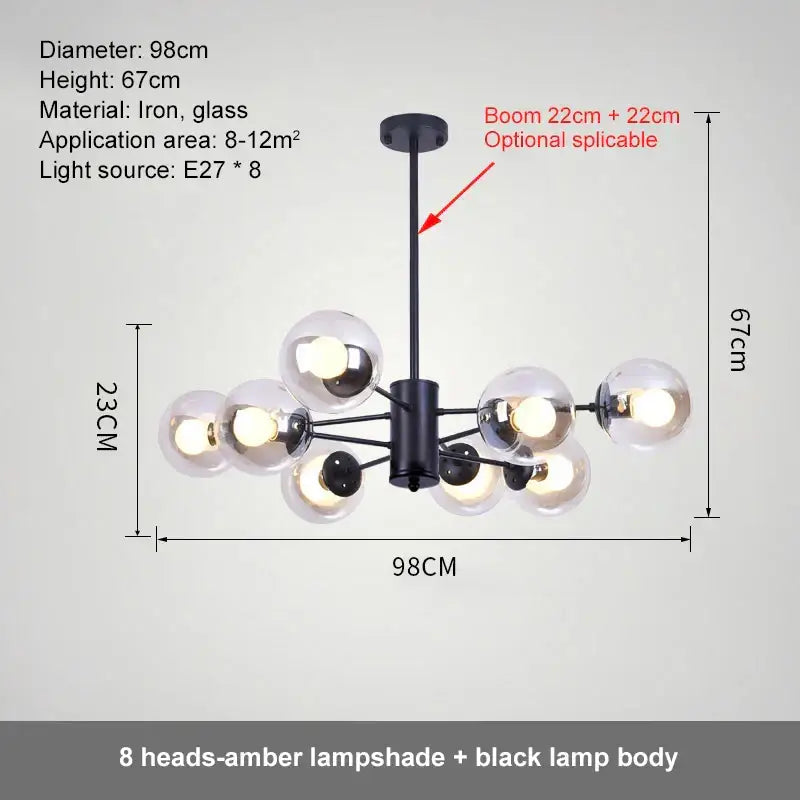 Modern black glass ball led chandelier with eight amber glass lampshades for stylish dining room decorbites lighting