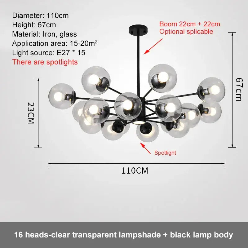 Modern black iron dining room pendant light with 16 clear glass globes decorbites glass ball led chandelier