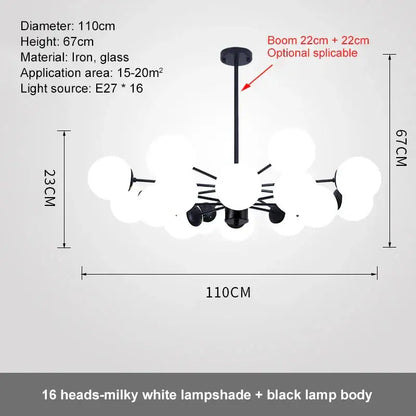 Modern black iron and glass ball led chandelier with 16 milky white lampshades for dining room pendant light decorbites glass ball