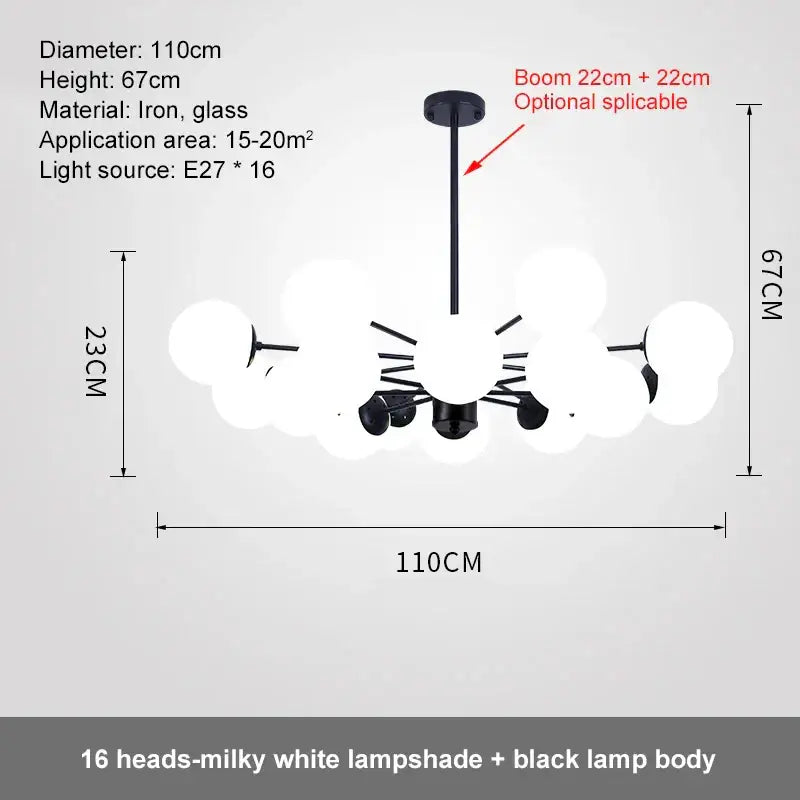 Modern black iron and glass ball led chandelier with 16 milky white lampshades for dining room pendant light decorbites glass ball