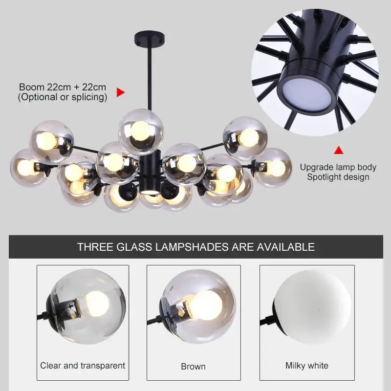 Modern black glass ball led chandelier with multiple spherical glass lampshades in clear brown or milky white decorbites glass ball