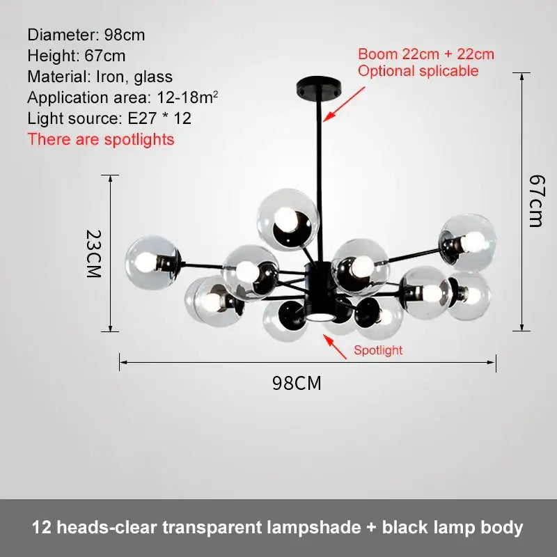 Modern black iron ball led chandelier with 12 clear glass globe lampshades for dining room decorbites glass ball lighting