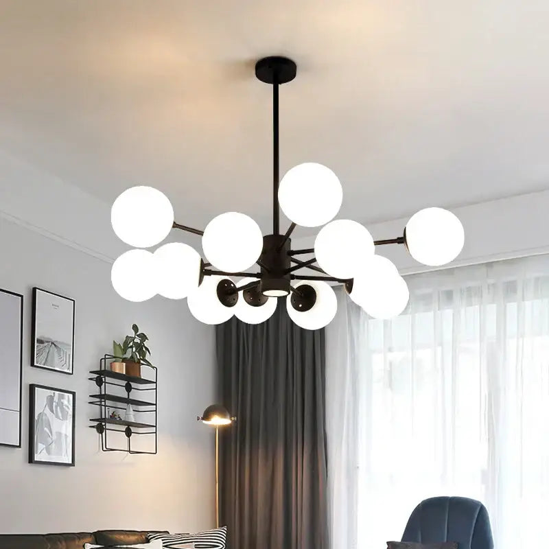 Modern black metal ball led chandelier with frosted white glass ball globes for elegant dining room decorbites glass ball