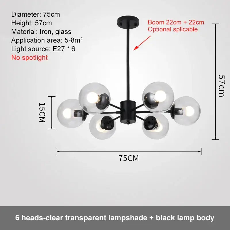 Modern black iron ball led chandelier with six clear glass lampshades for dining room pendant light decorbites glass ball
