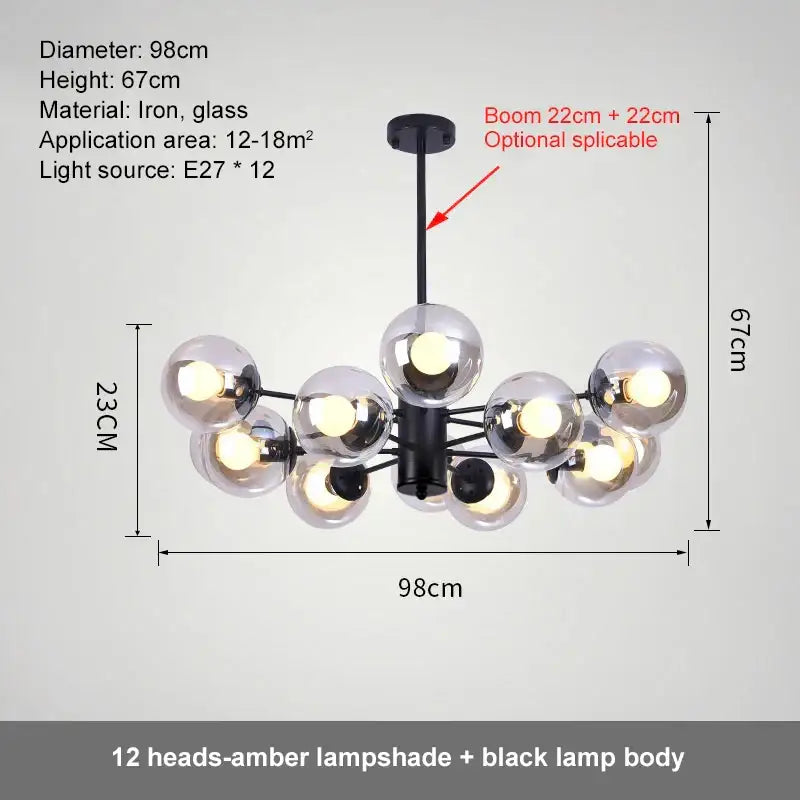 Modern black glass ball led chandelier with twelve amber glass lampshades for dining room pendant light decorbites glass ball