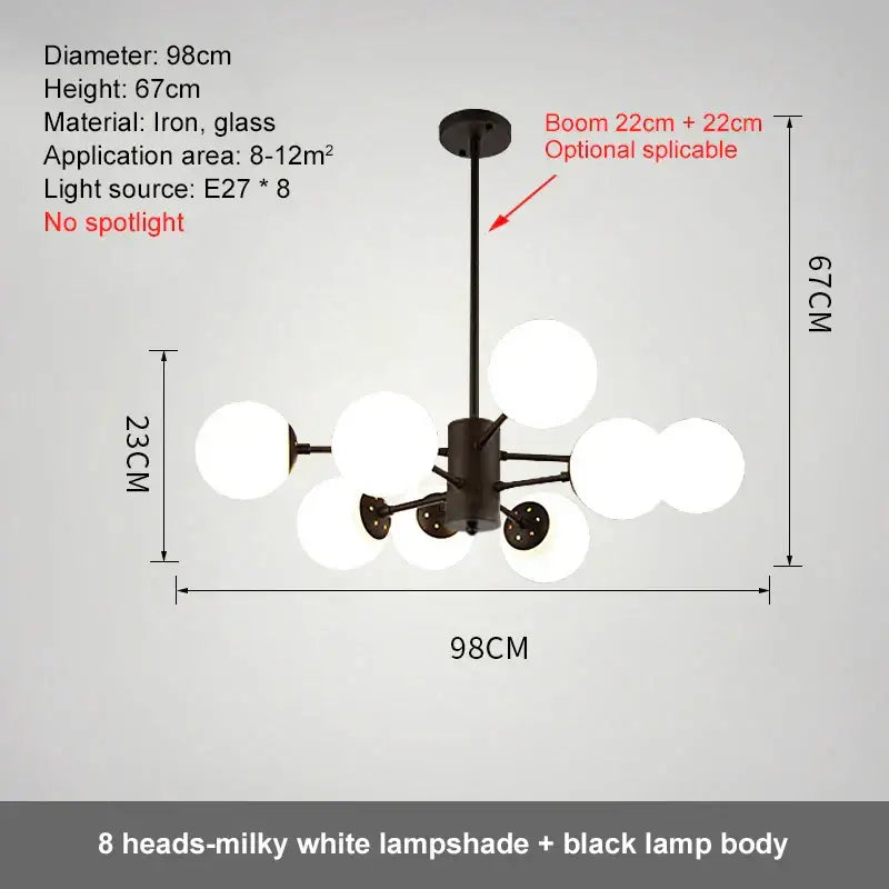 Modern black iron ball led chandelier with eight milky white glass lampshades for dining room decorbites glass ball lighting