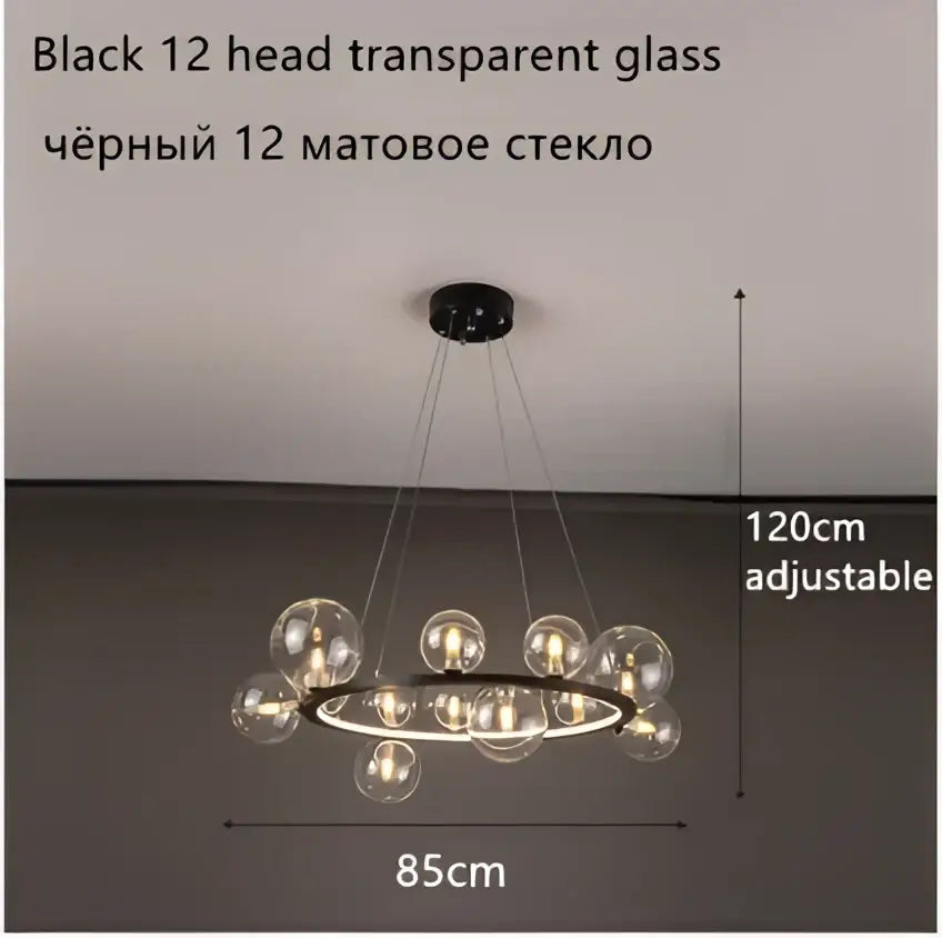 Modern black glass ball led chandelier with 12 heads and adjustable height for dining room lighting