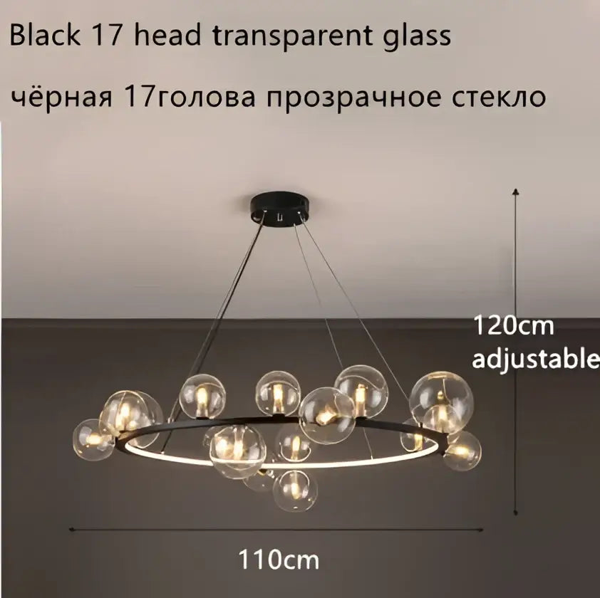 Modern black glass ball led chandelier with 17 heads and adjustable height for dining room lighting