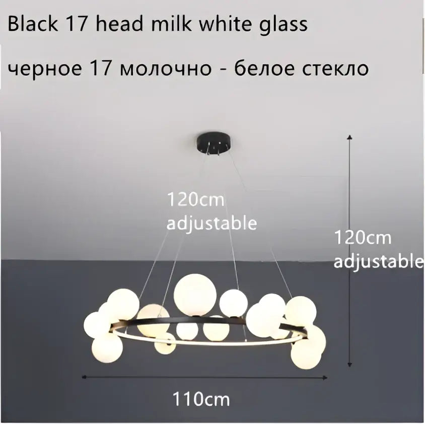 Modern black glass ball led chandelier with 17 white glass heads and adjustable arms for dining room lighting