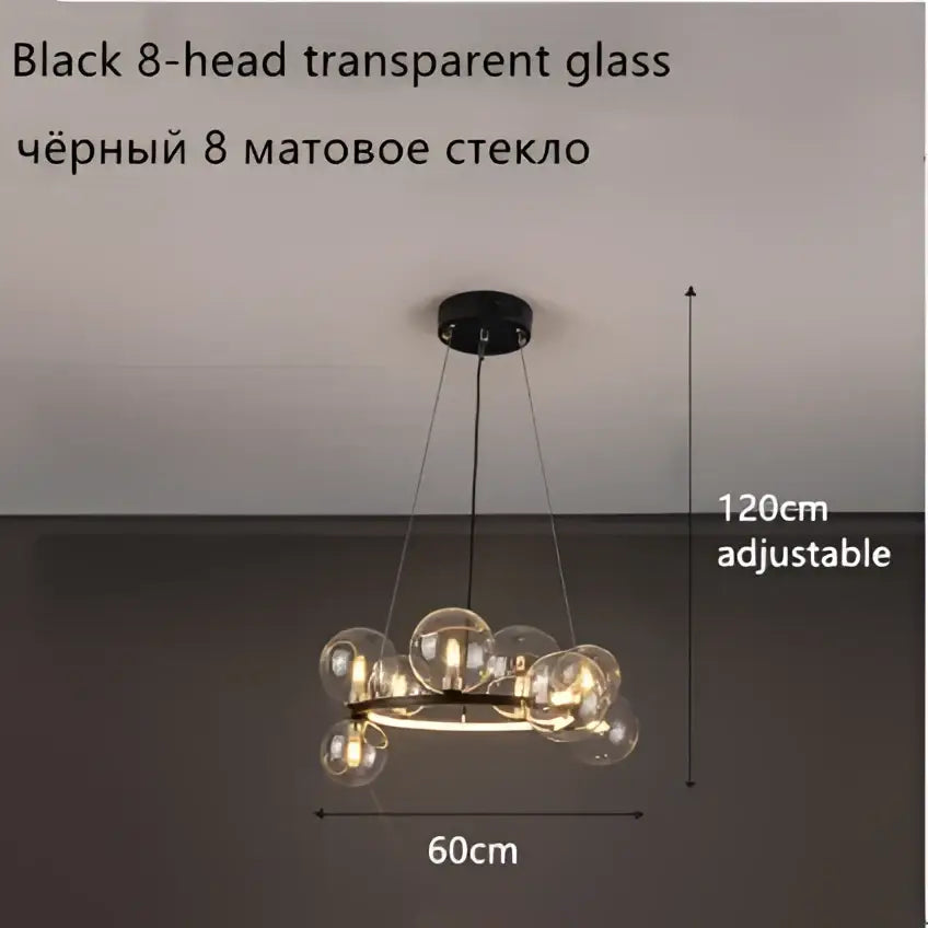 Modern black glass ball led chandelier with 8 transparent heads and adjustable height for dining room lighting