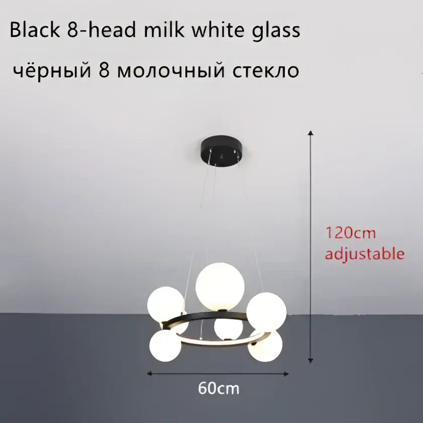 Modern black glass ball led chandelier with eight white glass heads and adjustable height for dining room use